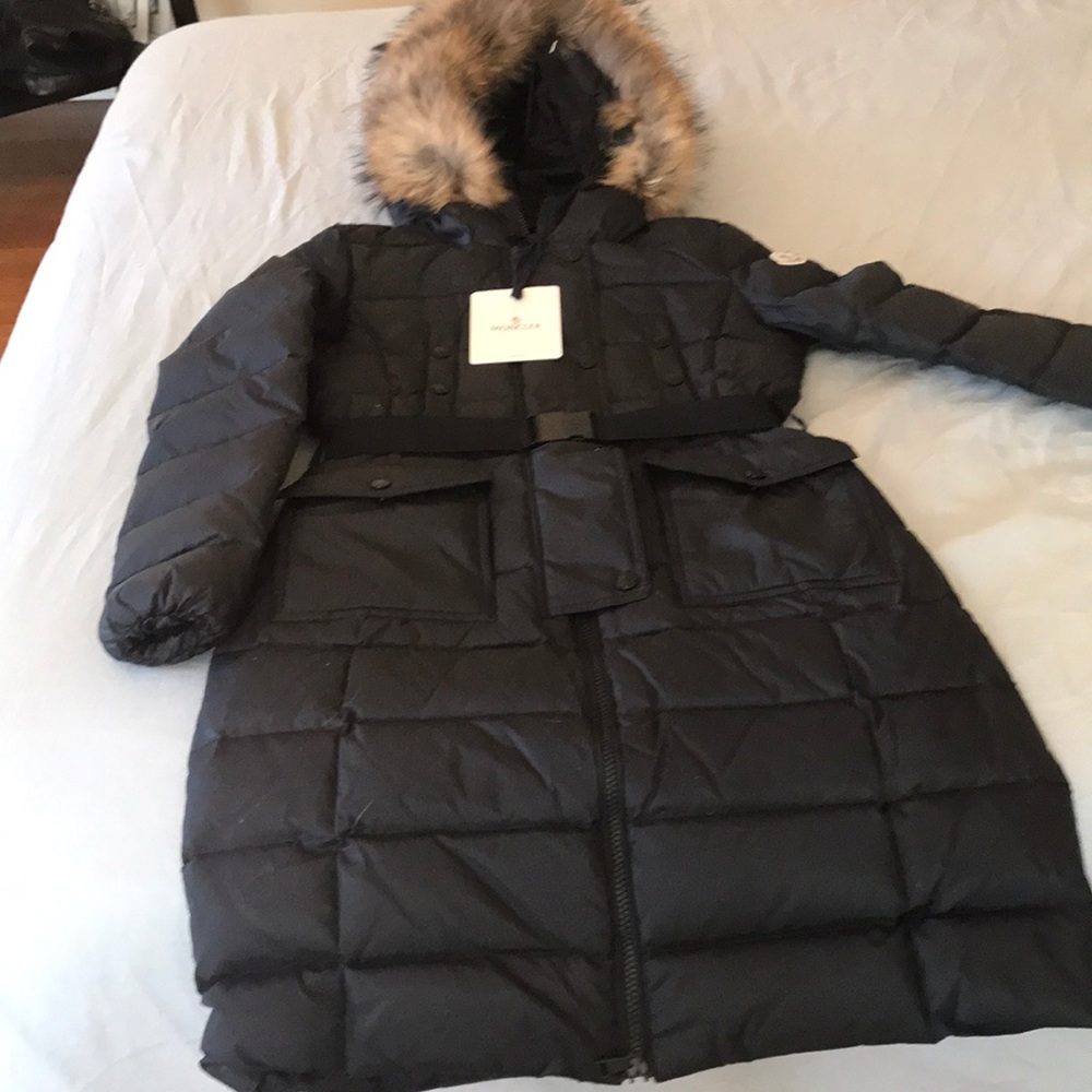 Moncler belted black fox fur hood puffer jacket